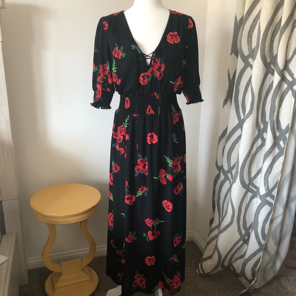 Express Flowery Maxi Dress, black/red flowers.